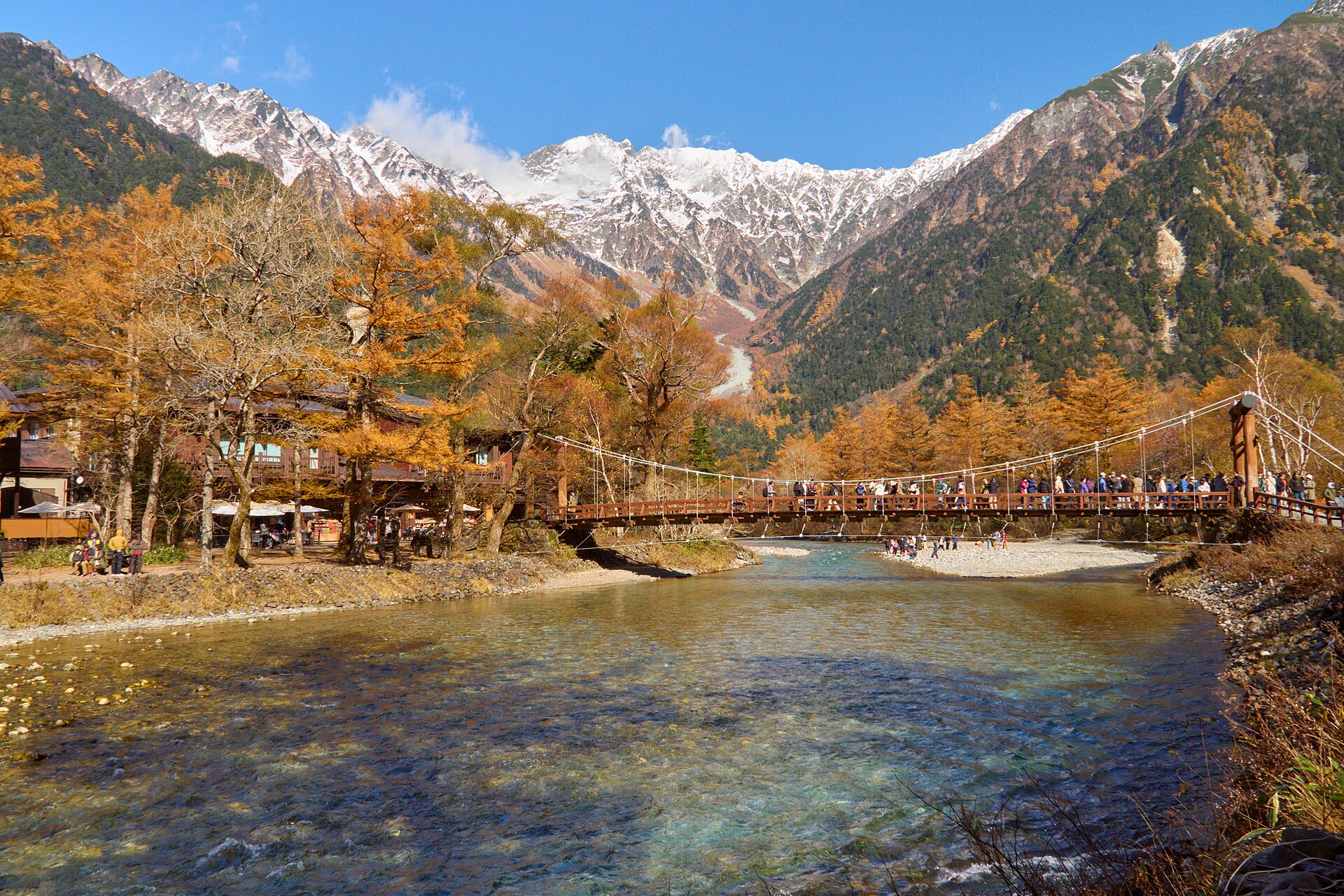 Kappa Bridge over the Azusa River with the Hotaka mountains behind