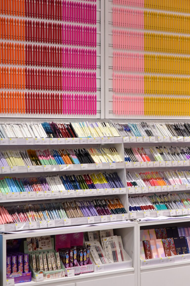 Colourful pens displayed in a stationery shop