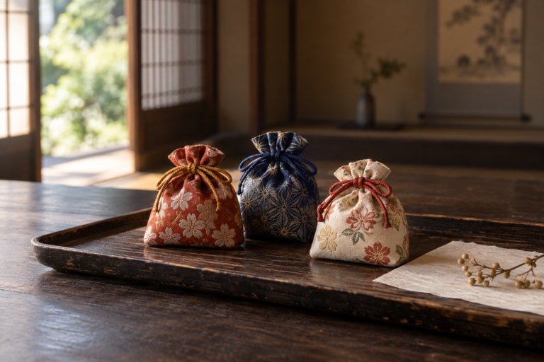 An illustration of scent sachets in patterned Japanese pouches