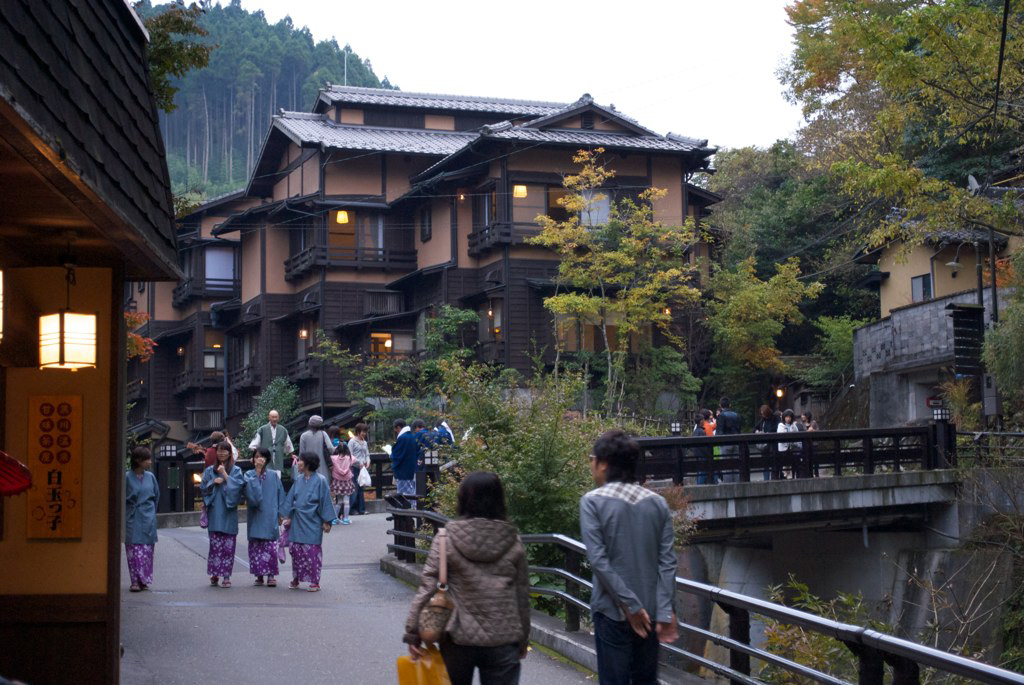 Wooden inns and a riverside path in Kurokawa Onsen