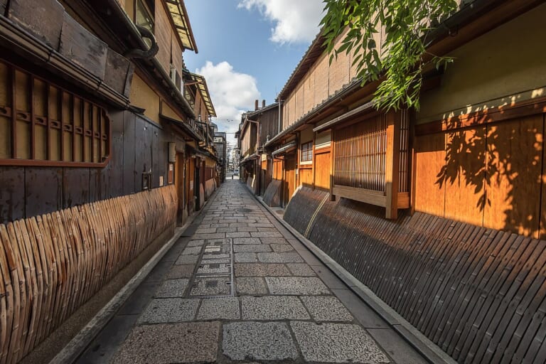 A stone-paved lane and townhouses in Gion, Kyoto