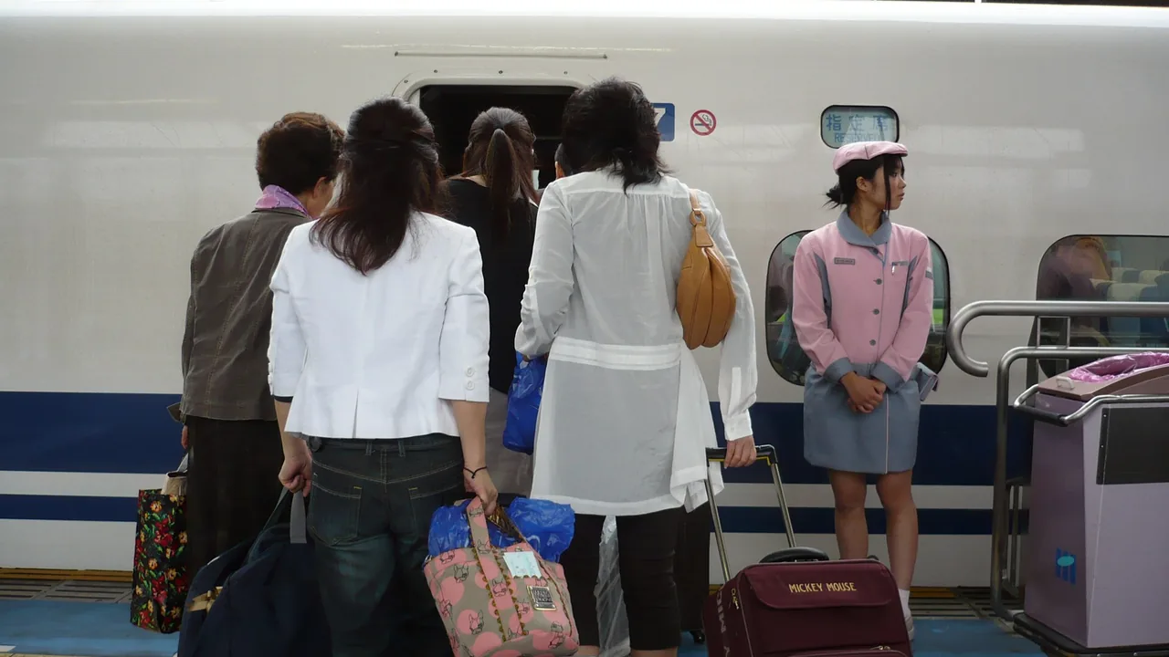 Traveler with a large suitcase beside a Shinkansen