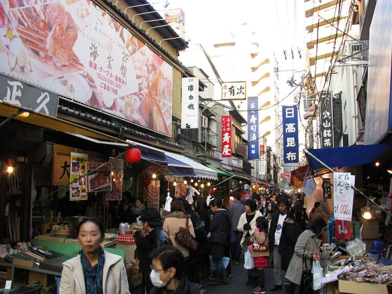 Shoppers passing storefronts at Tsukiji Outer Market