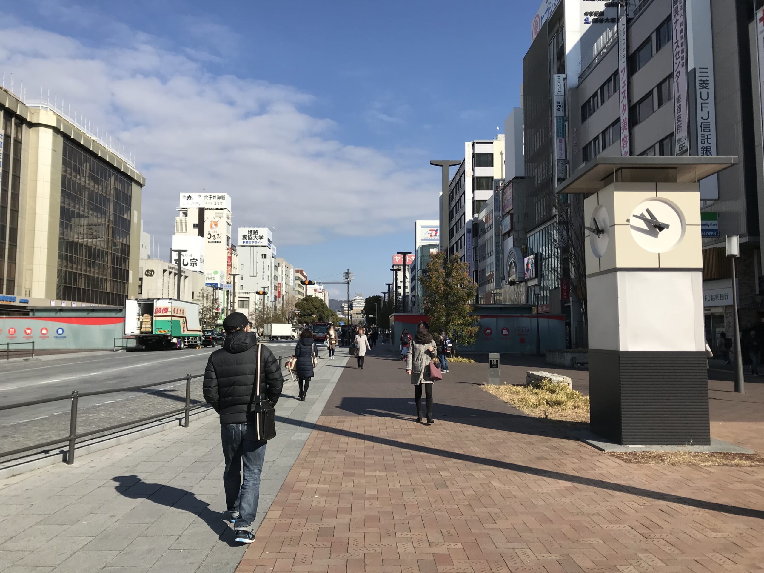 Himeji Castle in the distance along Otemae Street, seen from the station-side square