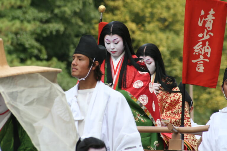 Participants in colourful historical dress walking in Kyoto’s Jidai Matsuri procession