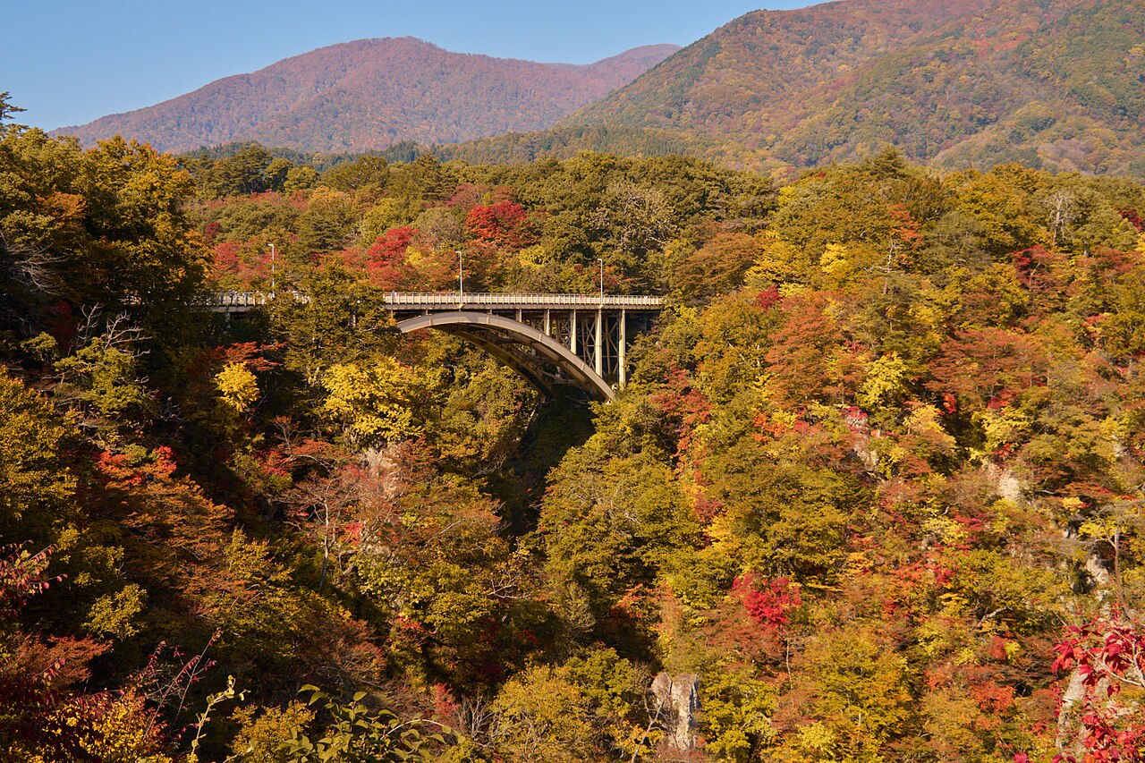 Ofukazawa Bridge spanning Naruko Gorge in autumn