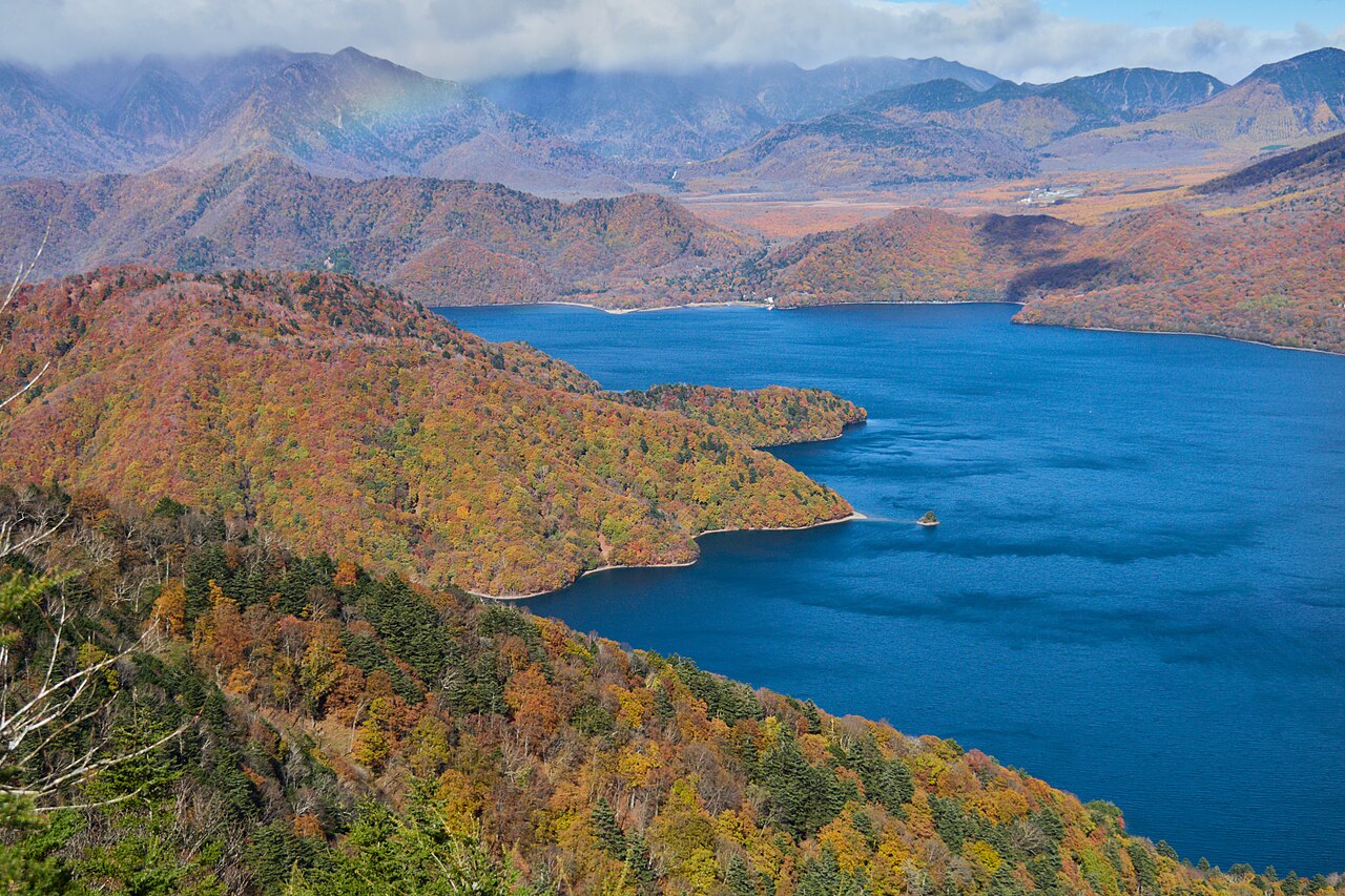 Blue water and autumn hills around Lake Chuzenji and Hangetsuyama