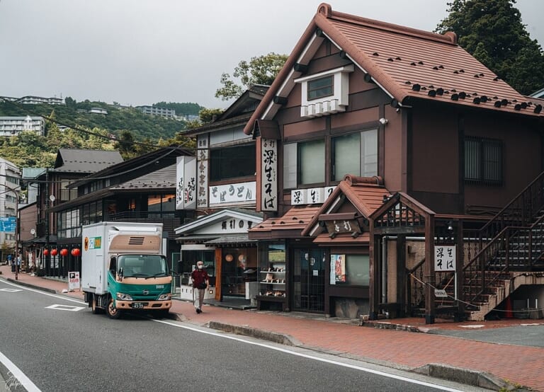 The Hatsuhana Soba main restaurant beside the Hayakawa River