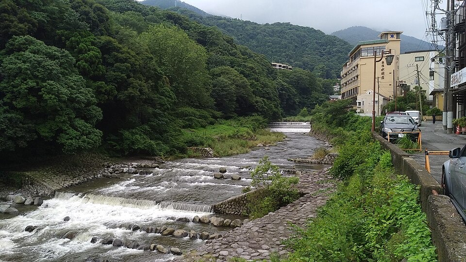 The Hayakawa River and buildings in Hakone-Yumoto