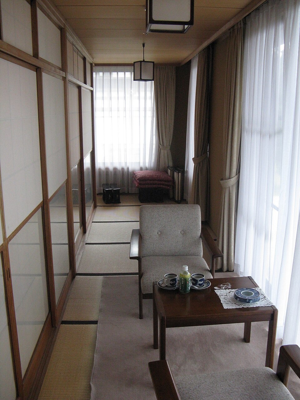 Windows and a corridor photographed in a ryokan at Hakone-en