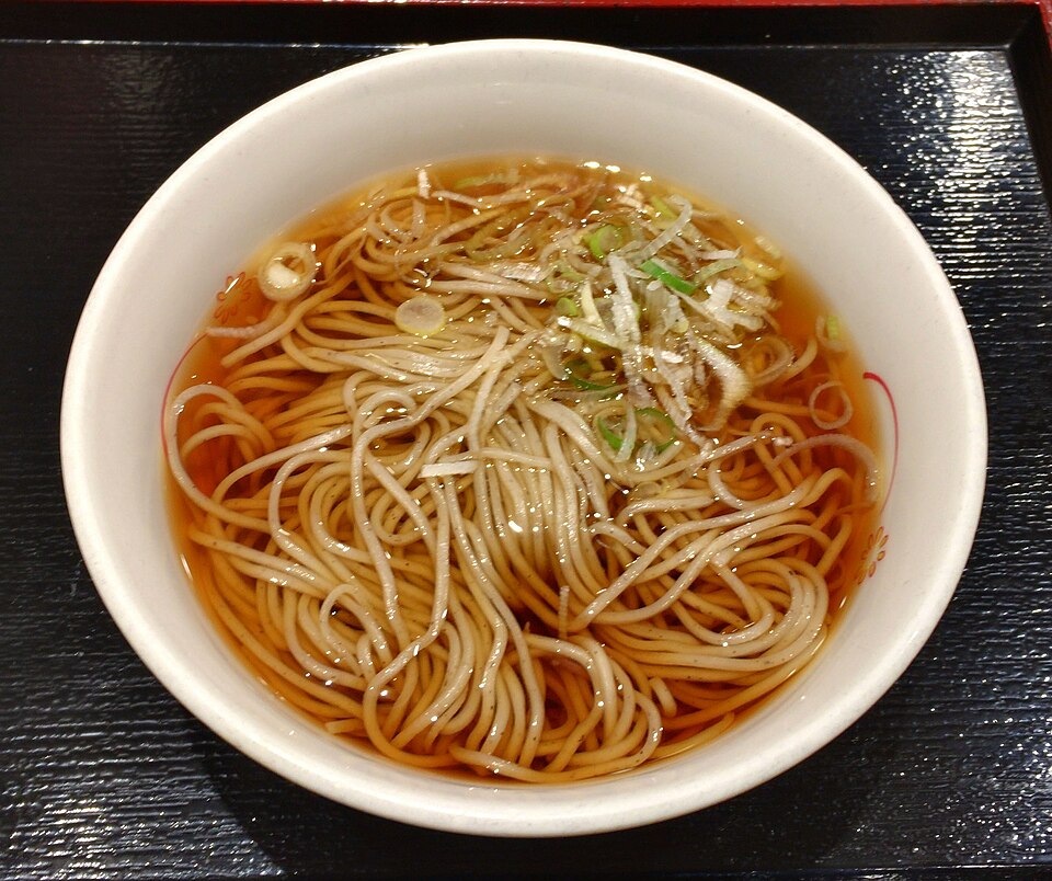 A bowl of hot kake soba topped with sliced green onion