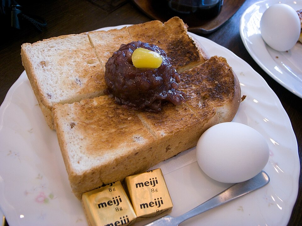 Ogura toast and a boiled egg served as a Nagoya morning set