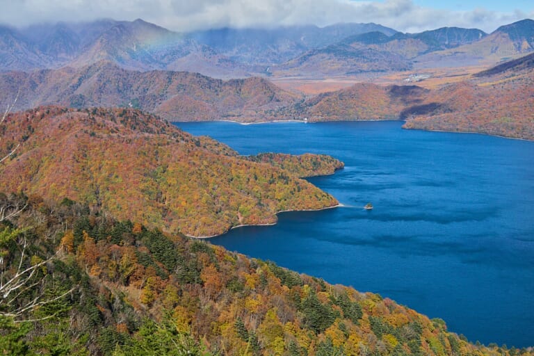 Lake Chuzenji and autumn woods on the peninsula, seen from the Hangetsuyama area