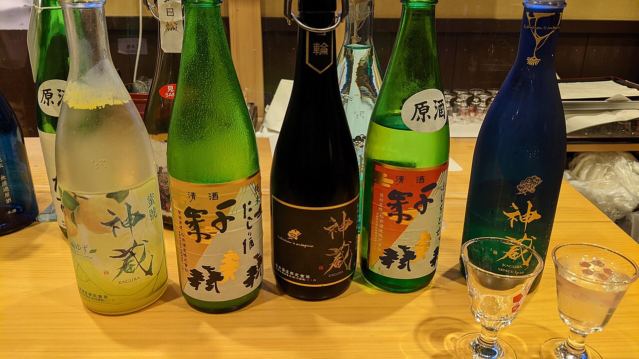 Matsui Brewery sake bottles, including Fujichitose Hiyaoroshi