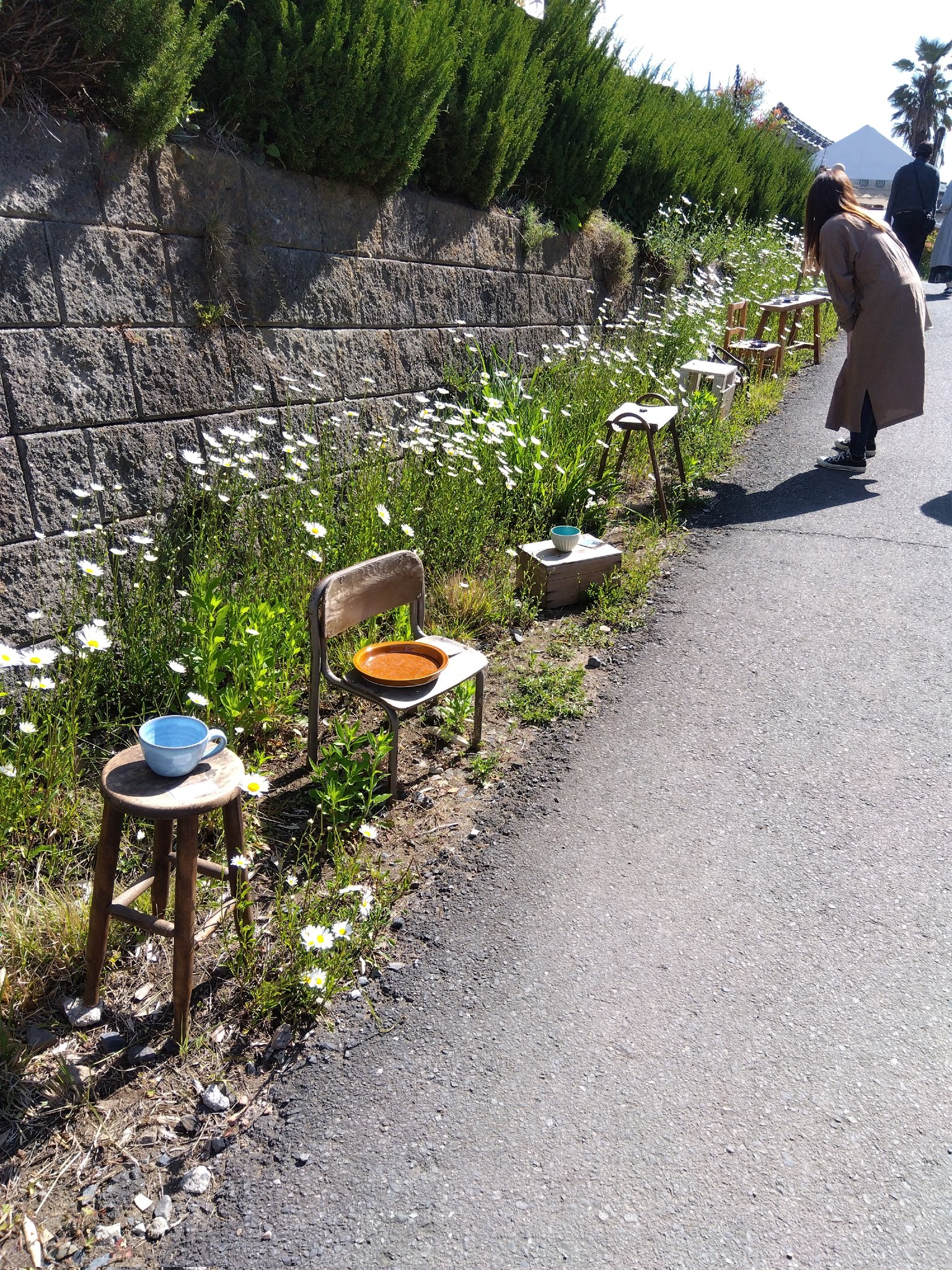 A visitor looking at cups and plates displayed on chairs along a lane at the Mashiko Pottery Fair
