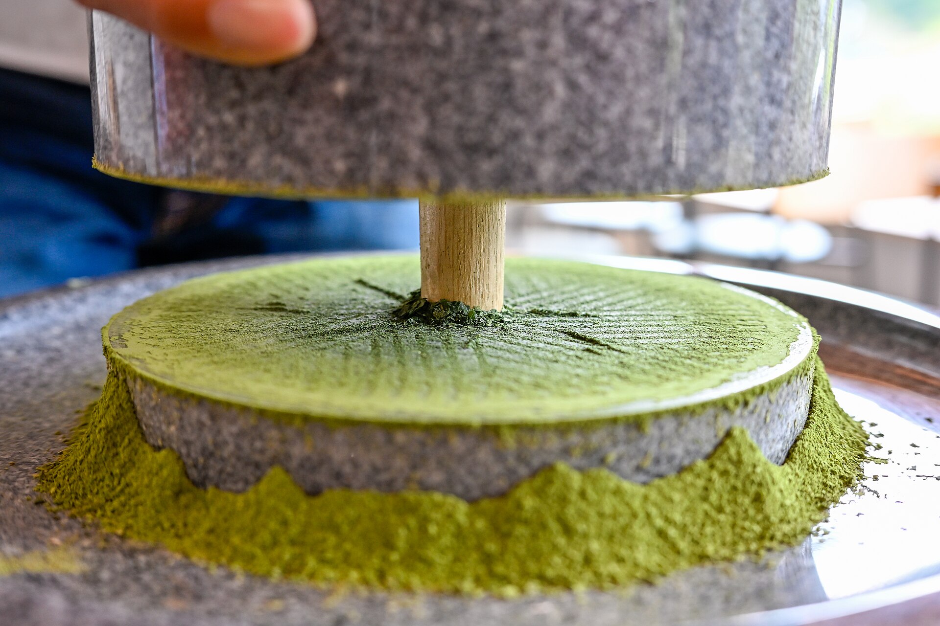 Tencha leaves being ground into matcha with a stone mill in Uji