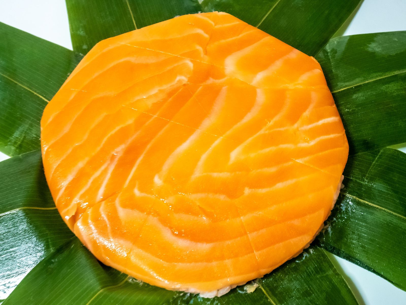 A round masu sushi with its bamboo-leaf wrapping opened