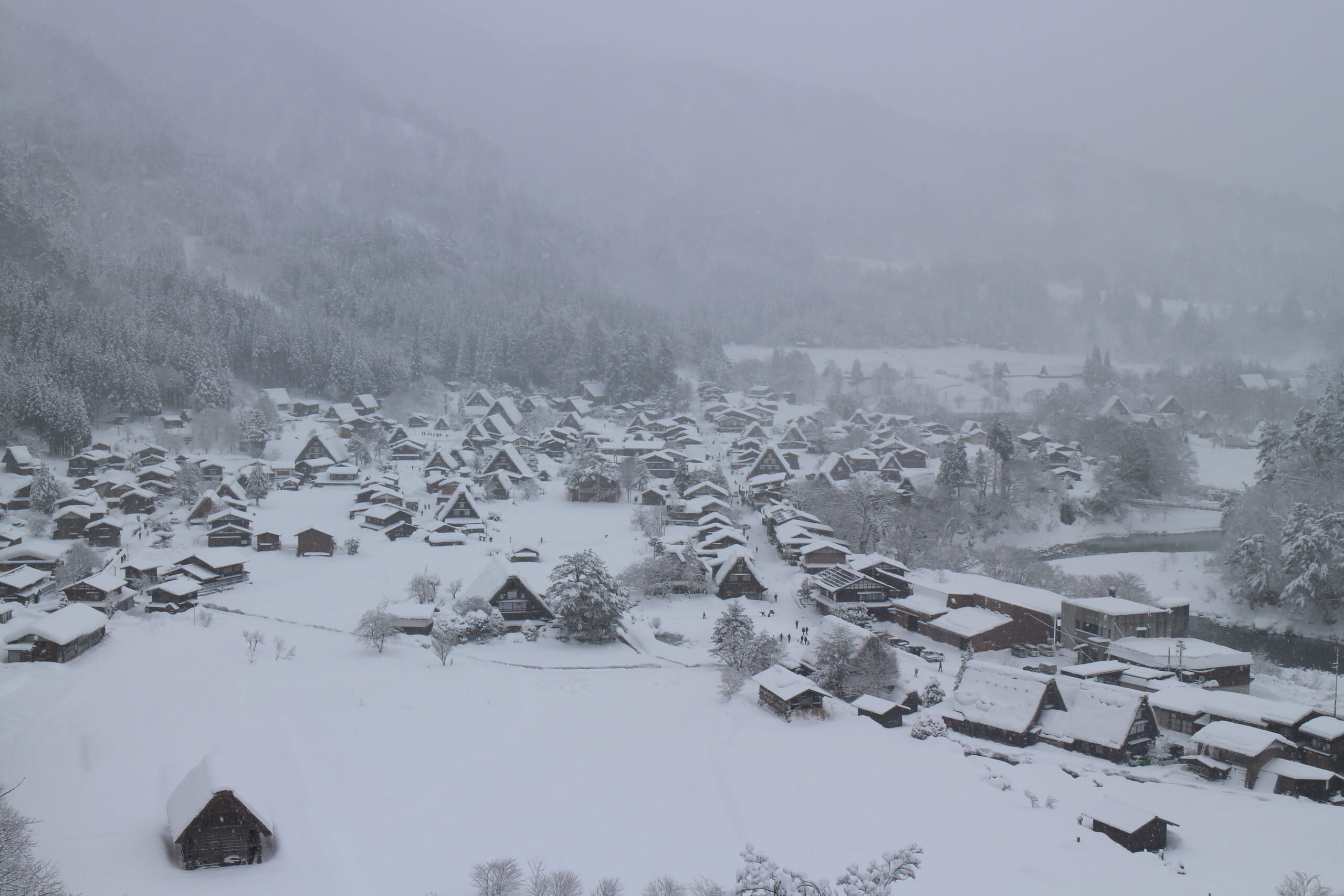 Snow-covered Shirakawa-go seen from a viewpoint in winter